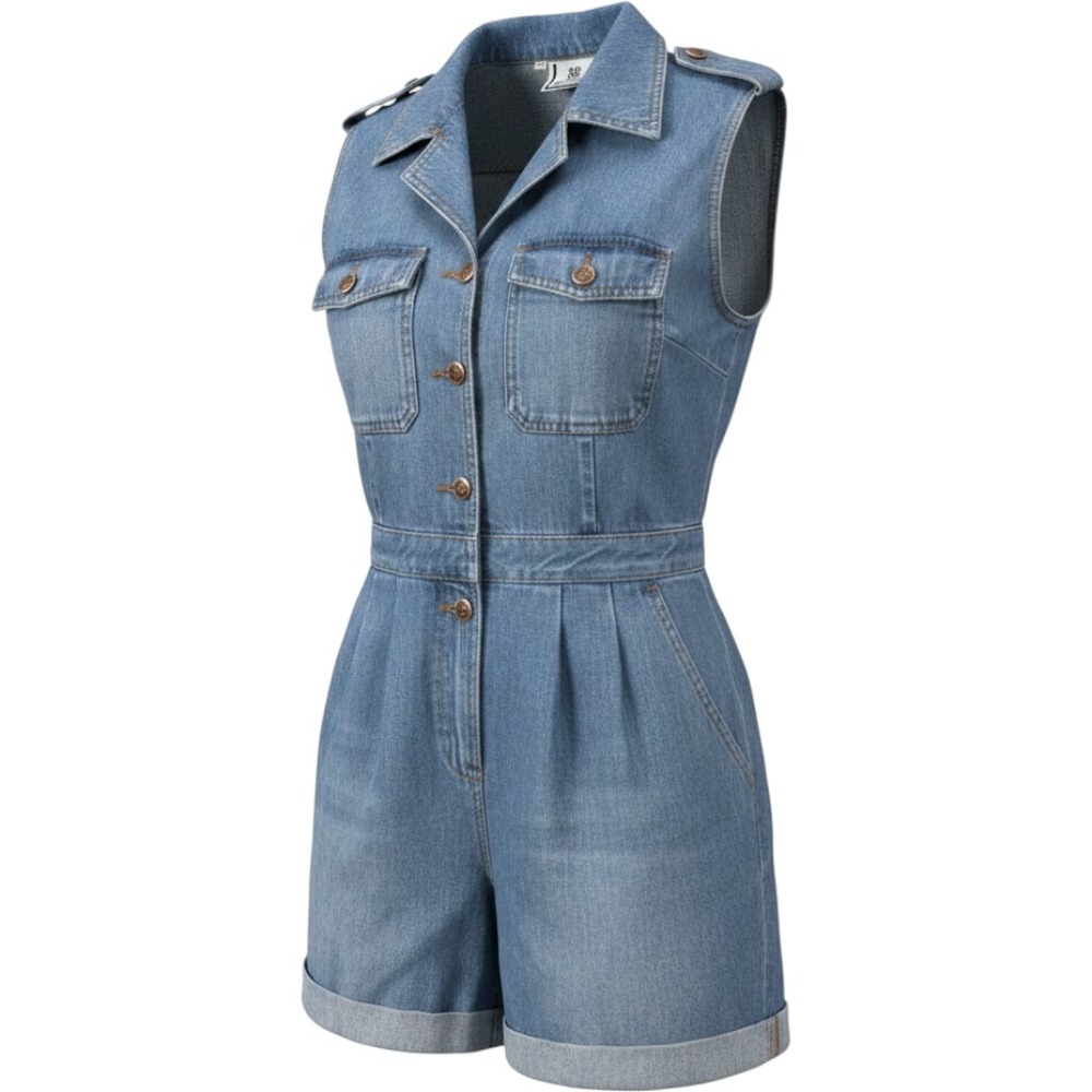 Bill Blass Romper Womens Large Blue Denim Sleeveless Button Front VTG 90s Retro